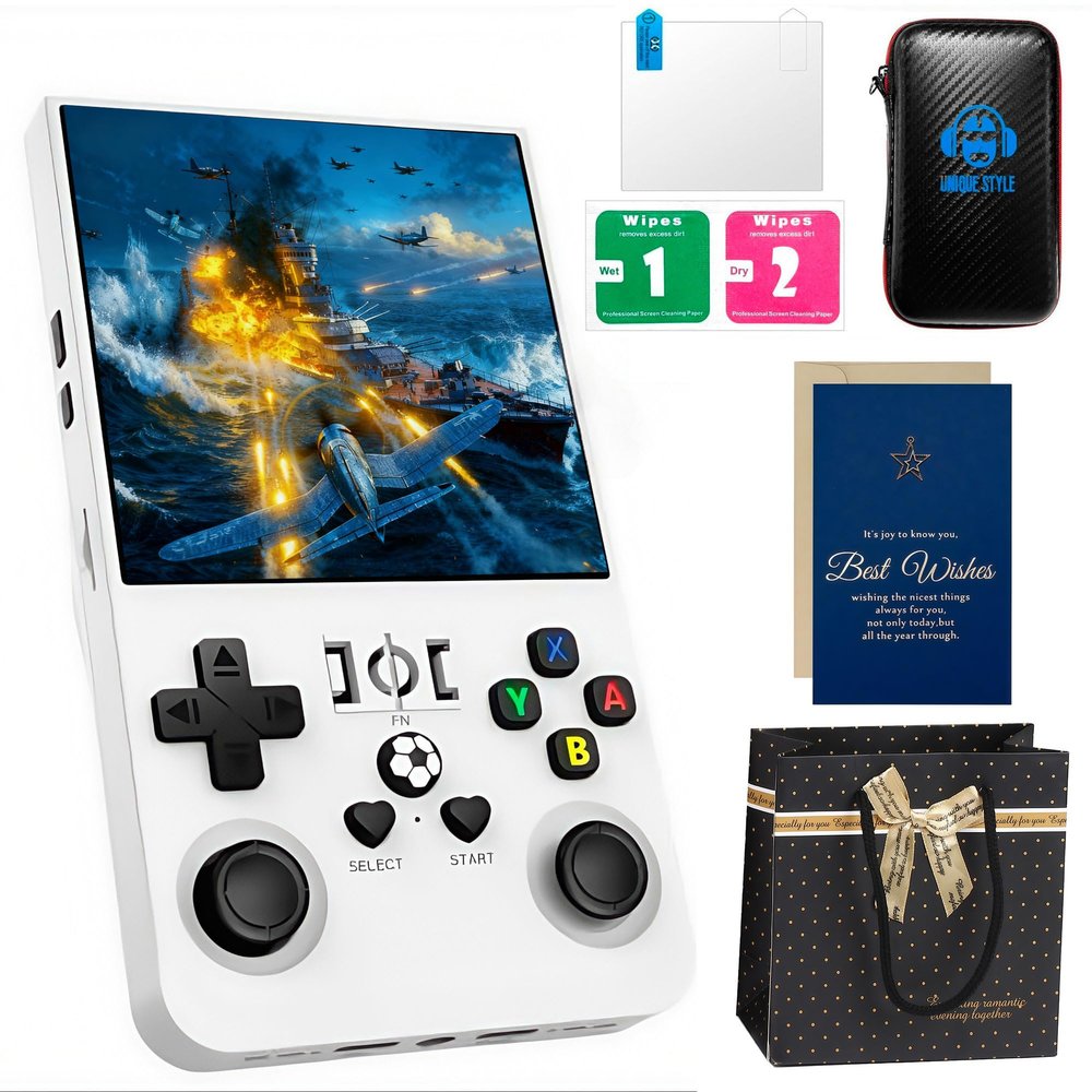 R36Max Retro Handheld Game Console Premium Gift Set (with Star Card & Black Gold Bag),4" IPS Screen,128GB 21000+Games,Portable Handheld Linux System for Adults (White*128Gb)