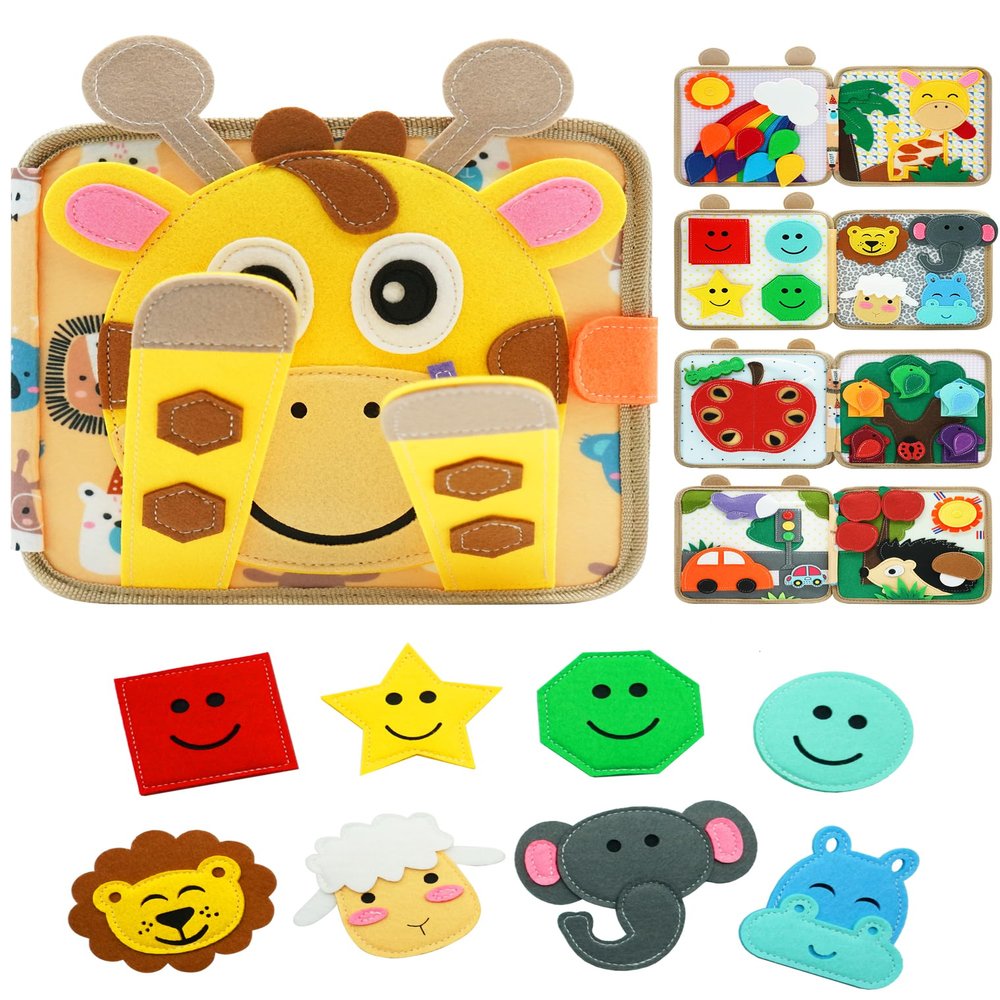 BizyKoady Busy Book for Toddlers 1-3, Montessori Toys for 1 Year Old, Kids Travel Toys, Educational Activity Book, Birthday Gifts for Boys & Girls, Washable Felt Busy Board, Giraffe
