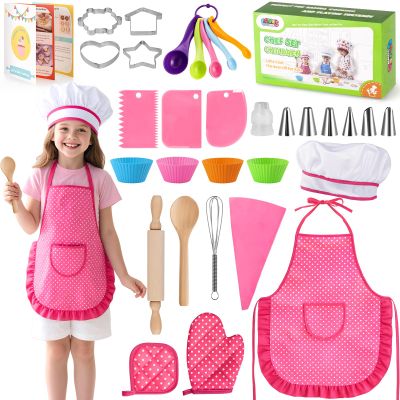 LovesTown Kids Cooking and Baking Sets, 32PCS Pretend Play Toys for Toddler Dress Up Clothes Birthday for Girls