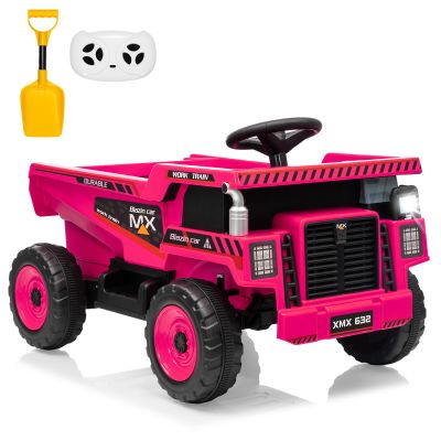 12V Ride On Dump Truck for Kids Electric Ride On Car Toy Toddlers 4 Wheeler Construction Vehicles with Remote Control, Dump Bed, Shovel, LED Lights, Music, for Kids 3-8, Rose Red