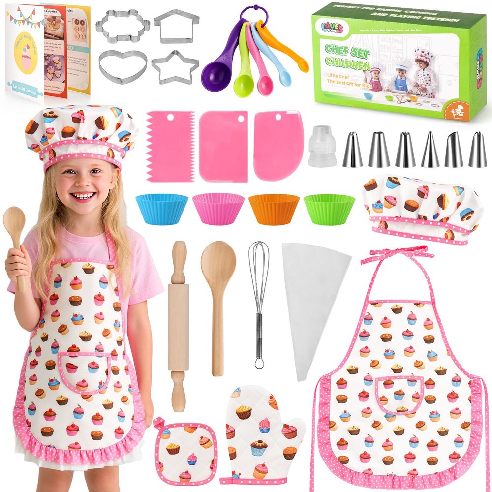 LovesTown Kids Cooking and Baking Sets, 32PCS Kids Chef Hat and Apron Pretend Play Toys for Toddler Gifts for Boys Girls