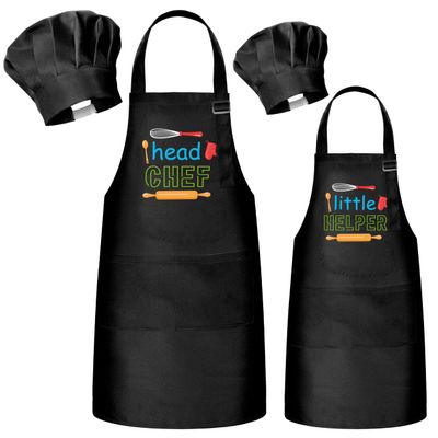 R HORSE Adult Kid Apron and Chef Hat Set - Black Adjustable Kitchen Apron Hat Blue Parent and Child Cooking Baking Painting and Training Kits Dress up Role Play Chef Toy Kid Funny Cooking Gifts
