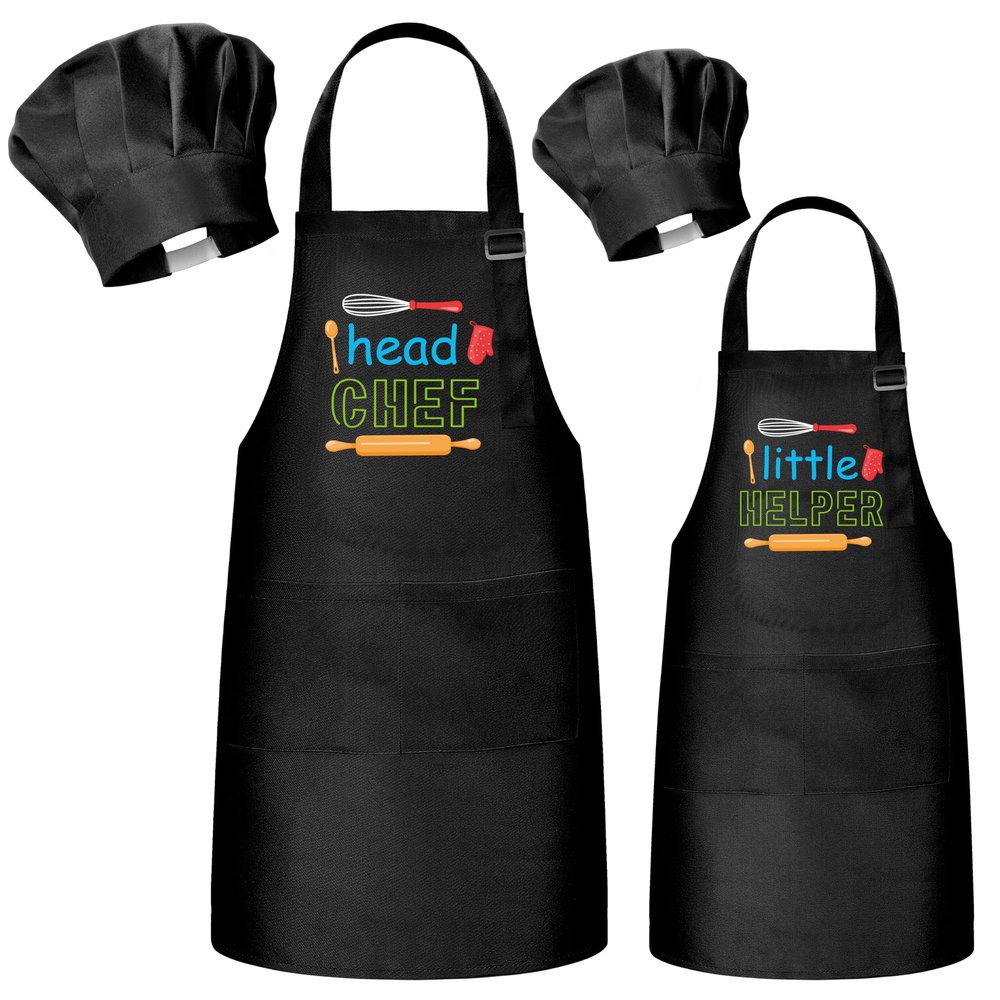 R HORSE Adult Kid Apron and Chef Hat Set - Black Adjustable Kitchen Apron Hat Blue Parent and Child Cooking Baking Painting and Training Kits Dress up Role Play Chef Toy Kid Funny Cooking Gifts