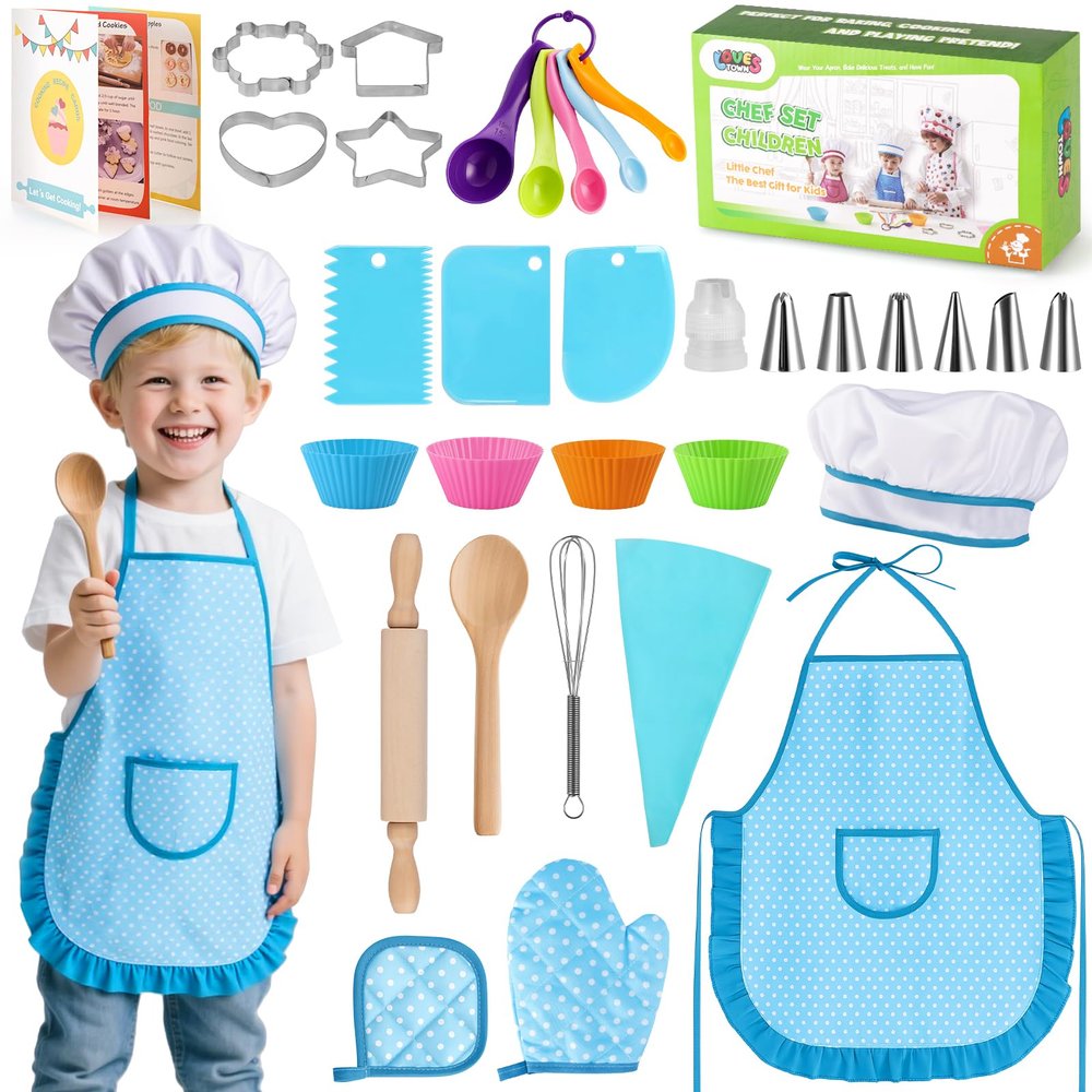 LovesTown Kids Cooking and Baking Sets, 32PCS Play Kitchen Accessories Pretend Play Toys for Toddler Birthday for Boys