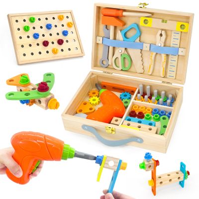 Kids Tool Set with Electric Drill, 55 Pcs Toddler Tool Set Incl Tool Box, Wooden Montessori Educational Construction Toy for Age 3+ Years Old Boys Girls Birthday Gift
