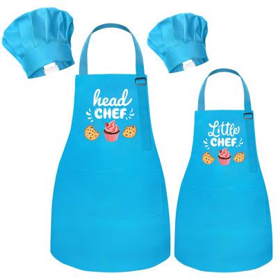 R HORSE Adult Kid Apron and Chef Hat Set - Mommy and Me Adjustable Kitchen Apron Hat Blue Parent and Child Cooking Baking Painting and Training Kits Dress up Role Play Chef Toy Kid Funny Cooking Gifts