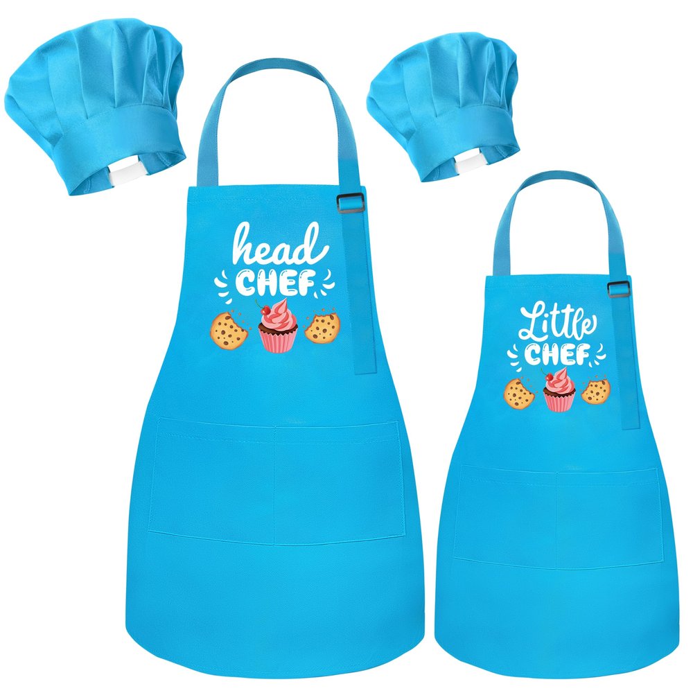 R HORSE Adult Kid Apron and Chef Hat Set - Mommy and Me Adjustable Kitchen Apron Hat Blue Parent and Child Cooking Baking Painting and Training Kits Dress up Role Play Chef Toy Kid Funny Cooking Gifts
