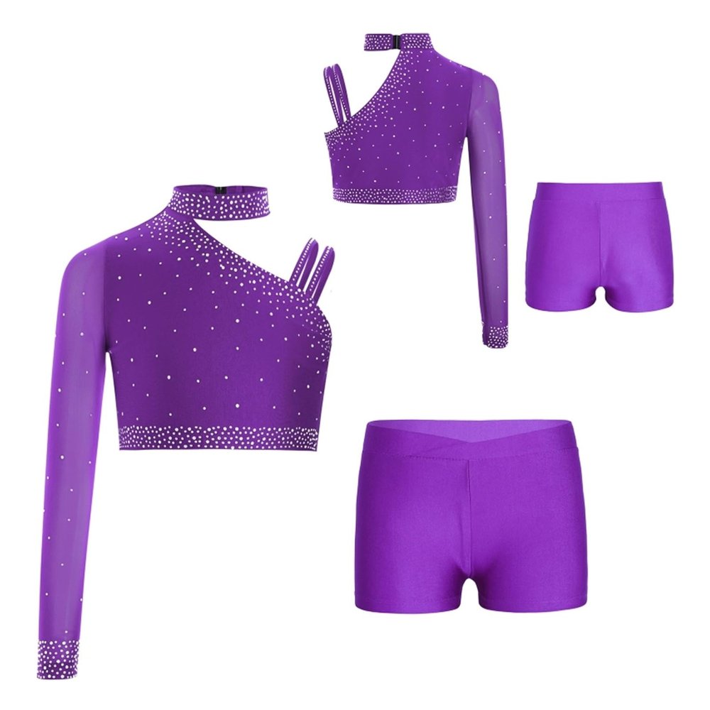 6-16 Kids Girls Tops Costumes for Lyrical Modern Dance Figure Skating Competition Stage Performance(Purple,10)