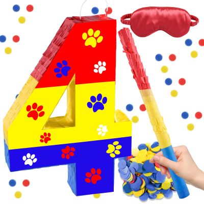 15.7 x 11.5 x 3 Inch Dog Paw Number 4 Pinata, Colored Dog Paws Theme 4th Birthday Decorations with 16 Inch Piata Stick Blindfold Confetti for 4th Birthday Party Supplie