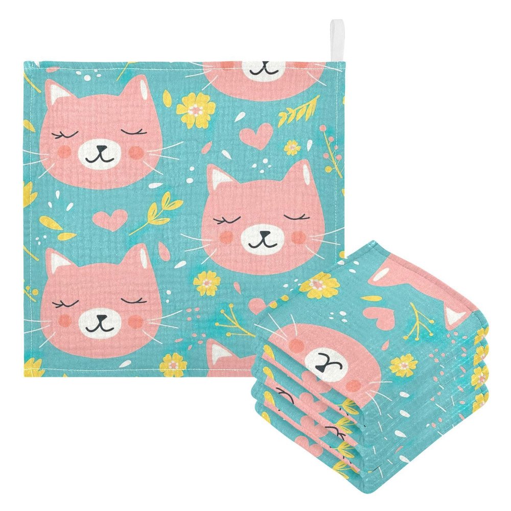 YETTASBIN Cat Muslin Baby Hand Washcloths, Soft Cotton Bath Face Towel, 4 Layers Extra Absorbent Feeding Burp Cloth for Newborn Infant, 5 Pack