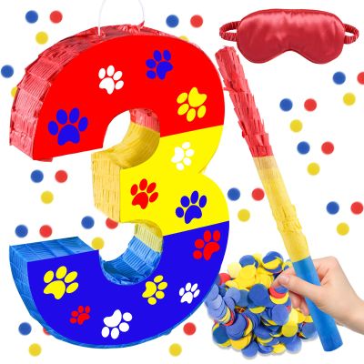 15.7 x 11.5 x 3 Inch Dog Paw Number 3 Pinata, Colored Dog Paws Theme 3rd Birthday Decorations with 16 Inch Piata Stick Blindfold Confetti for 3rd Birthday Party Supplie