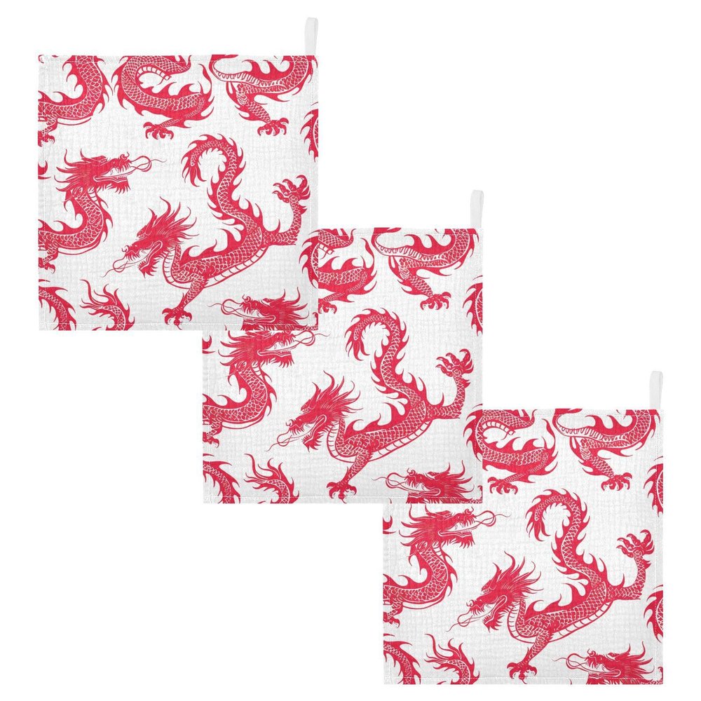Qilmy Chinese Dragin Baby Washcloths 3 Pack, Absorbent Soft Cotton Newborn Muslin Washcloths Face Towels, 12 x 12 Inch