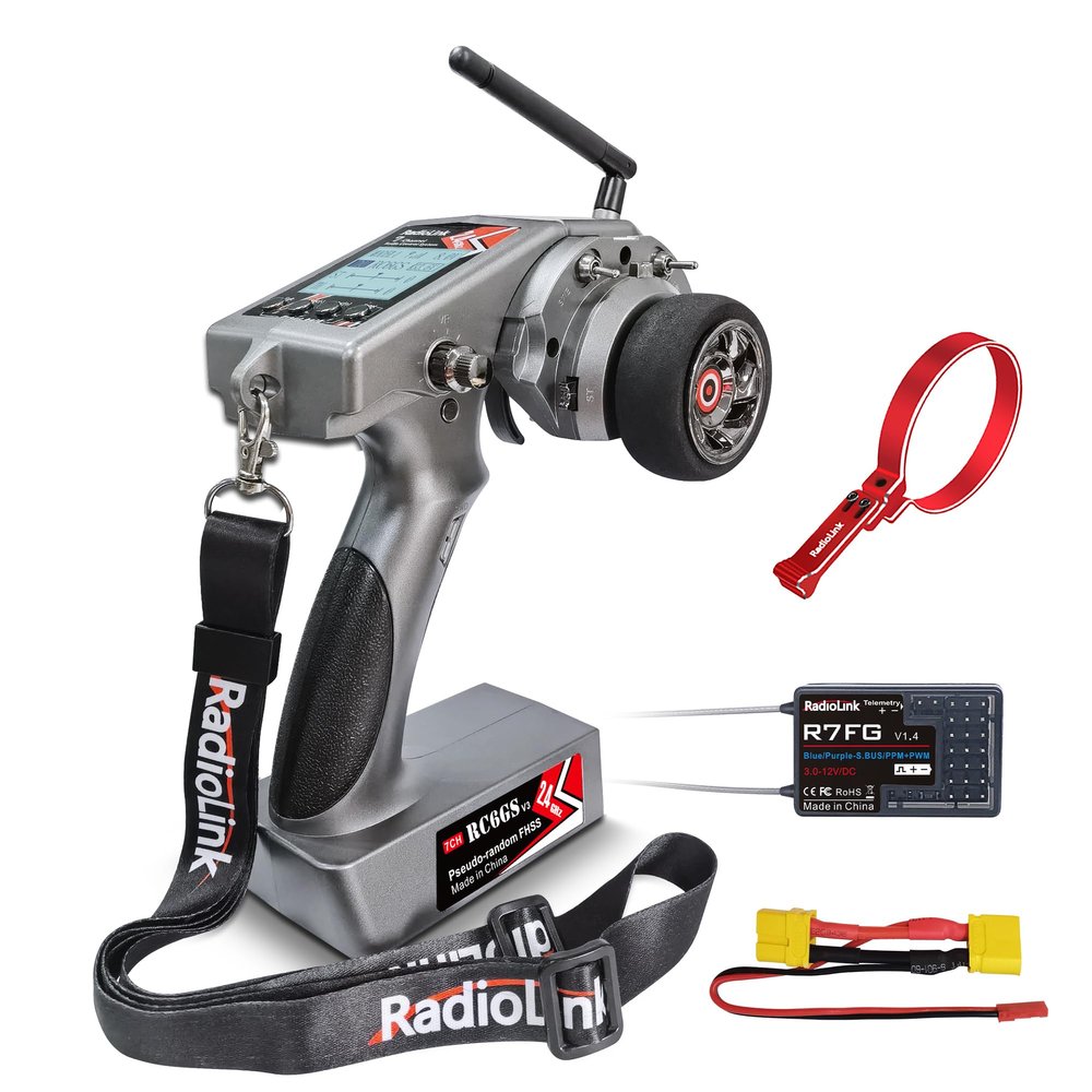Radiolink RC6GS V3 7 Channels RC Transmitter and R7FG Gyro Receiver, One-Hand Handwheel Control Accessory 2.4GHz 600m RC Controller and Receiver kit for Remote Control Car, Boats, Truck