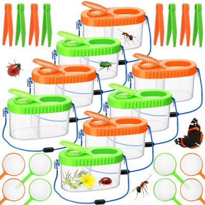 Halloscume 8 Pack Bug Catcher Kit Outdoor Toy Gift for Kids with Bug Containers Magnifying Glass Tweezers Collection Kit Kid Outdoor Explorer (Orange, Green)