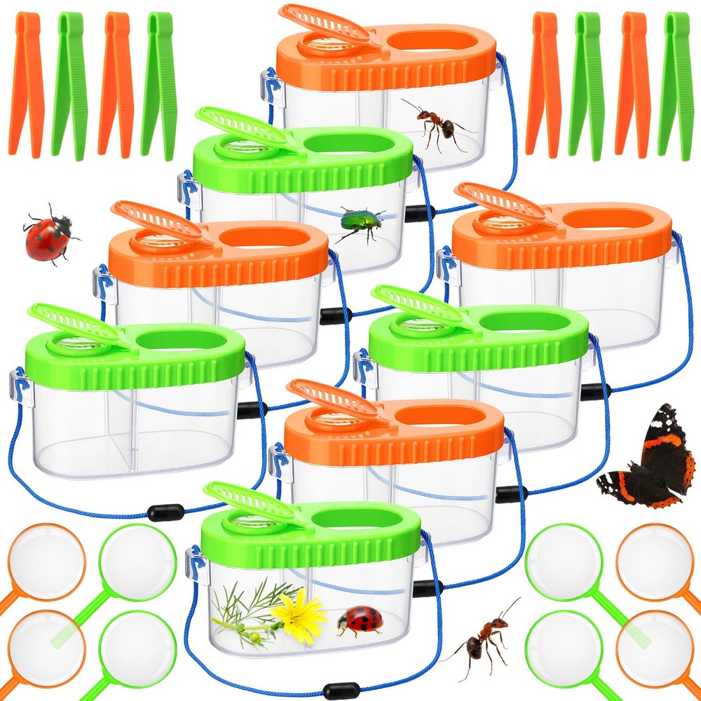 Halloscume 8 Pack Bug Catcher Kit Outdoor Toy Gift for Kids with Bug Containers Magnifying Glass Tweezers Collection Kit Kid Outdoor Explorer (Orange, Green)
