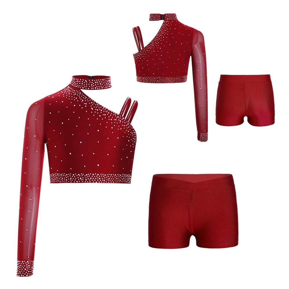 6-16 Kids Girls Tops Costumes for Lyrical Modern Dance Figure Skating Competition Stage Performance(Red,16)