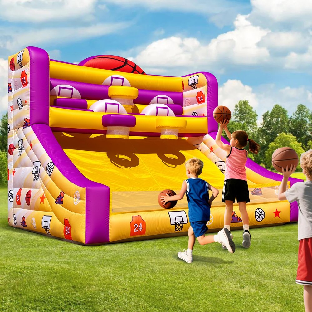 Wellcomer 13x10x10 Ft Inflatable Basketball Hoop Shot with Blower, 5 Hoops, 4 Balls, Portable Inflatable Basketball Game Ideal for Organized Events, Carnivals, Birthday Parties, Festivals