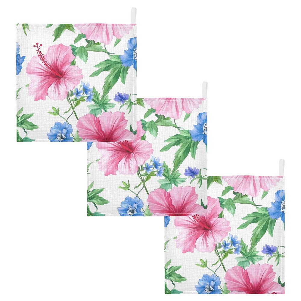 Qilmy Hibiscus Flowers Baby Washcloths 3 Pack, Absorbent Soft Cotton Newborn Muslin Washcloths Face Towels, 12 x 12 Inch