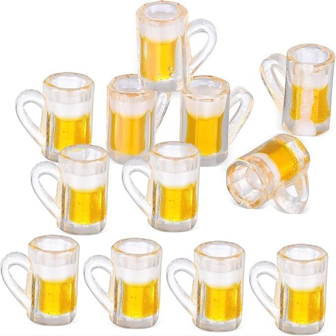 12PCS Mini Plastic Beer Mug Decorations Dollhouse Resin Drink Cups for Keychain Accessories, DIY Craft Projects, Tableware Display, Miniature Scene Decor, Automobile Interior Supplies