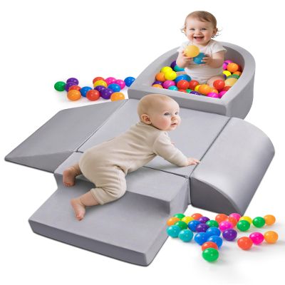 Auksay Baby Climbing Blocks, Soft Play Set for Crawling Baby 6-12 Months, Anti-Slip Particles Bottom & Velcro Connectors, High-Density Foam Gym with Soft Fabric Cover (Balls not Included)(Grey)