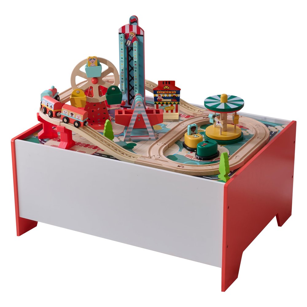 Teamson Kids Wooden Train Table  Carnival-Themed Amusement Park Playset with Ferris Wheel, Carousel & Train Track  Interactive Toy for Toddlers with Storage  Ages 3+