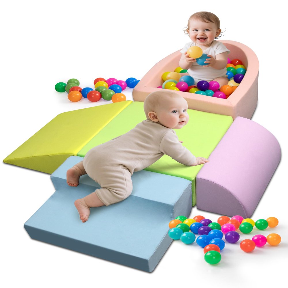 Auksay Baby Climbing Blocks, Soft Play Set for Crawling Baby 6-12 Months, Anti-Slip Particles Bottom & Velcro Connectors, High-Density Foam Gym with Soft Fabric Cover (Balls not Included)(Colorful)