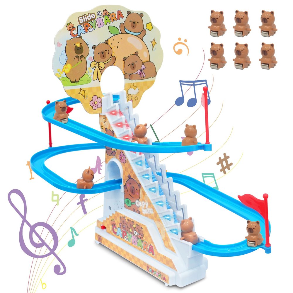 FortiTrust Roller Coaster Toys for Toddlers, Climbing Stairs Slide Toy Set with Flashing Lights & Music On/Off Button, Birthday Capybara Gifts for Boys Girls Kids