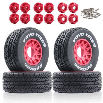 Dantenron 1/10 1/8 RC Short Course Truck Tires OD 4.33" and Wheels 12mm 14mm 17mm Hex for 1:8 1:10 Scale Off Road Truck Car Traxxas Slash 2WD 44 Rc4wd Arrma Senton Axial Losi Redcat 4PCS (Red)