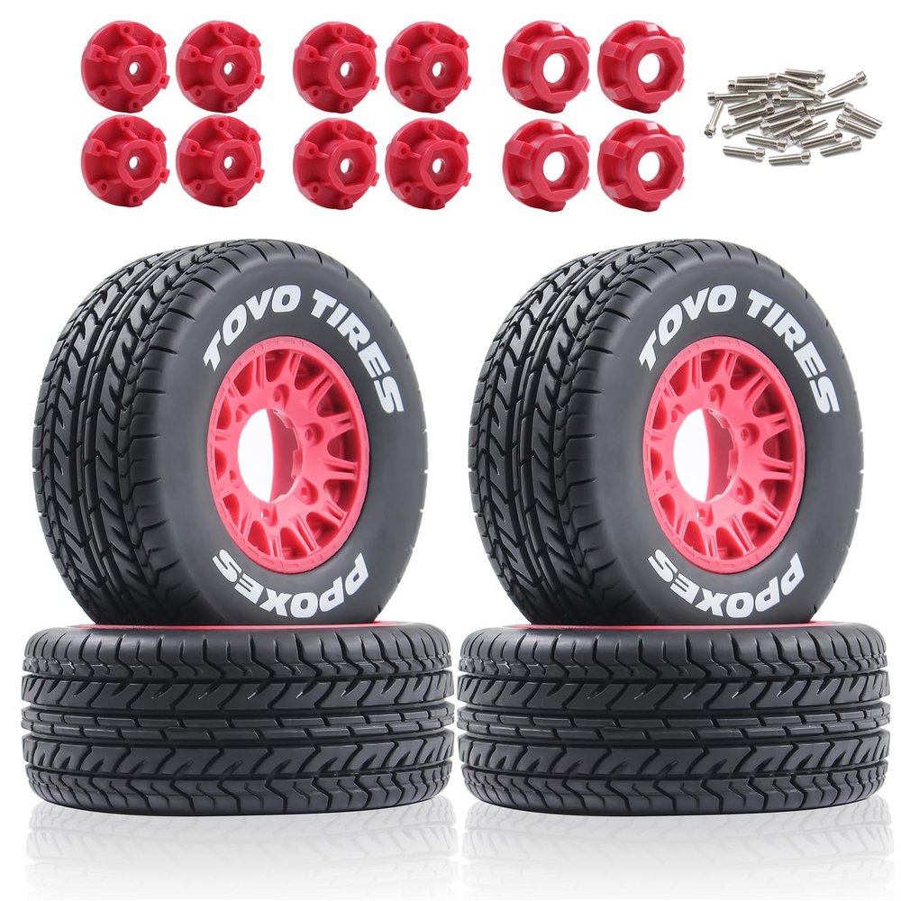 Dantenron 1/10 1/8 RC Short Course Truck Tires OD 4.33" and Wheels 12mm 14mm 17mm Hex for 1:8 1:10 Scale Off Road Truck Car Traxxas Slash 2WD 44 Rc4wd Arrma Senton Axial Losi Redcat 4PCS (Red)