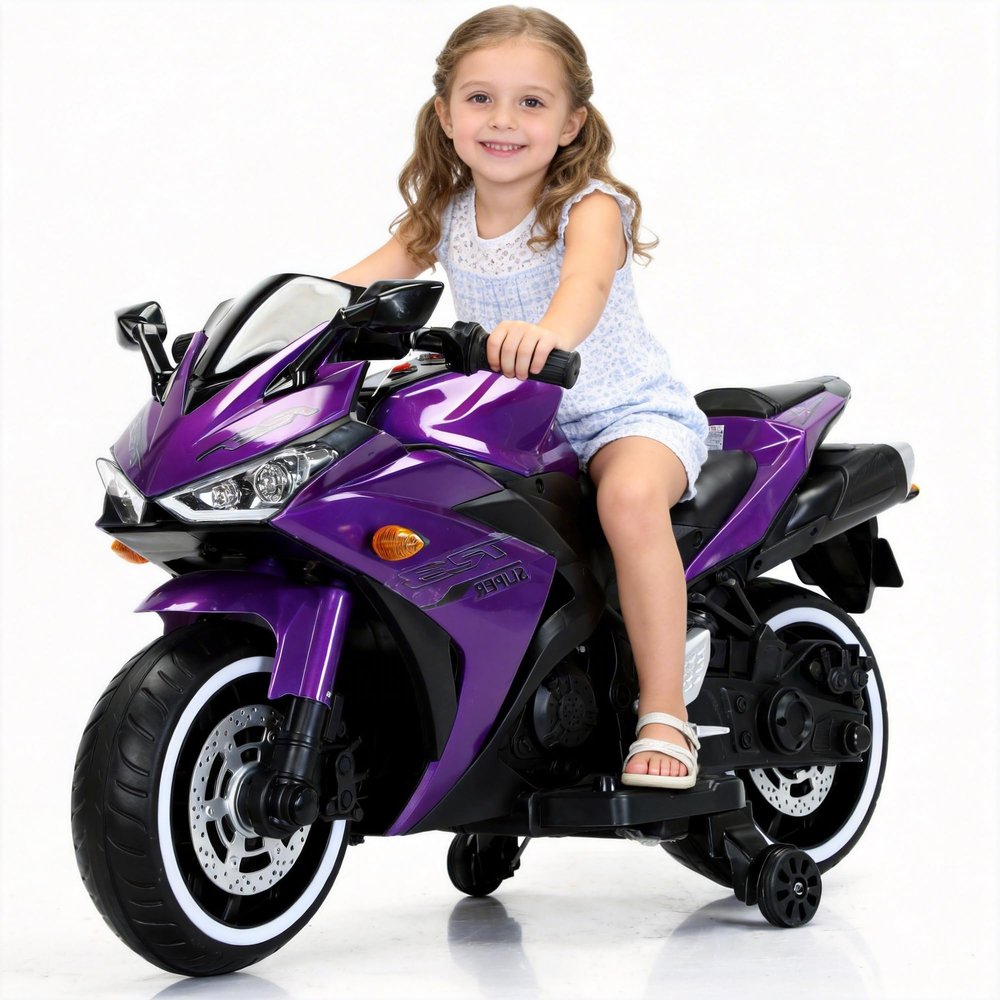 12V Kids Ride On Motorcycle with Training Wheels, Purple