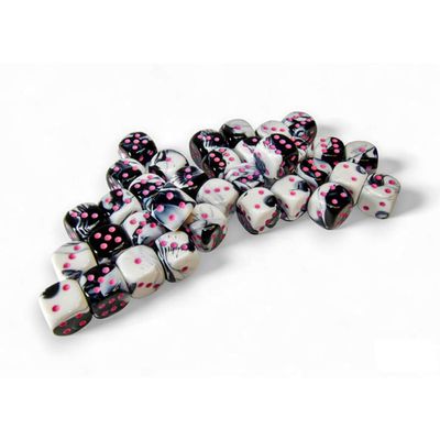 Black and White Gemini Dice with Pink Colored Pips D6 12mm (1/2in) Pack of 36 Chessex