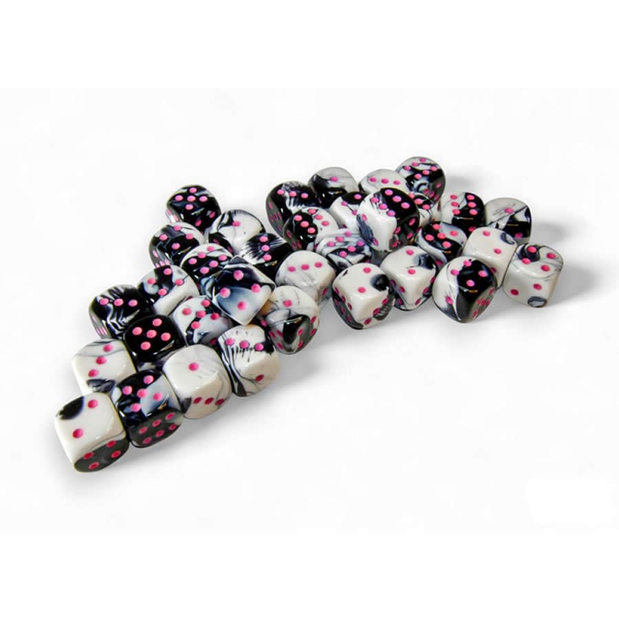 Black and White Gemini Dice with Pink Colored Pips D6 12mm (1/2in) Pack of 36 Chessex