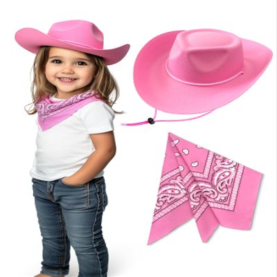 SeptCity Toddler Cowboy Hat and Bandana, Cowboy Costume Set for Boys and Girls Cool Western Rodeo Party Favors Dress Up Cosplay Accessories for Halloween Birthday (Pink)