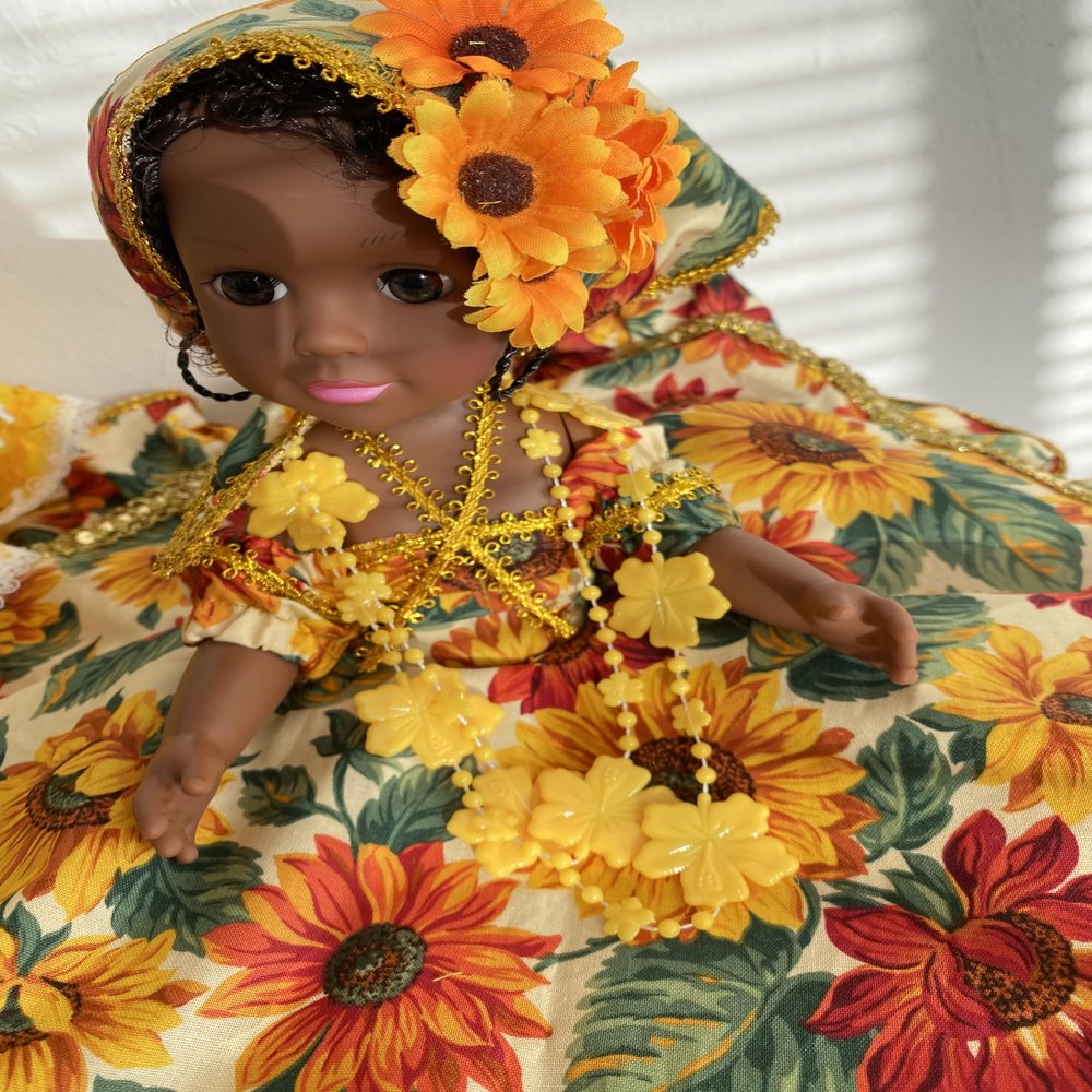15-inch Decorative Doll in Sunflower Print Dress with Gold Trim and Floral Crown, Yellow and Red
