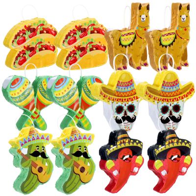12 Pcs 12 Pcs Mini Piata Set Fiesta Mexican Party Table Decoration Cinco De Mayo Decoration Taco Cactus Chili Maracas Alpaca Skull Hat Piata for Mexican Party Birthday Stuffer