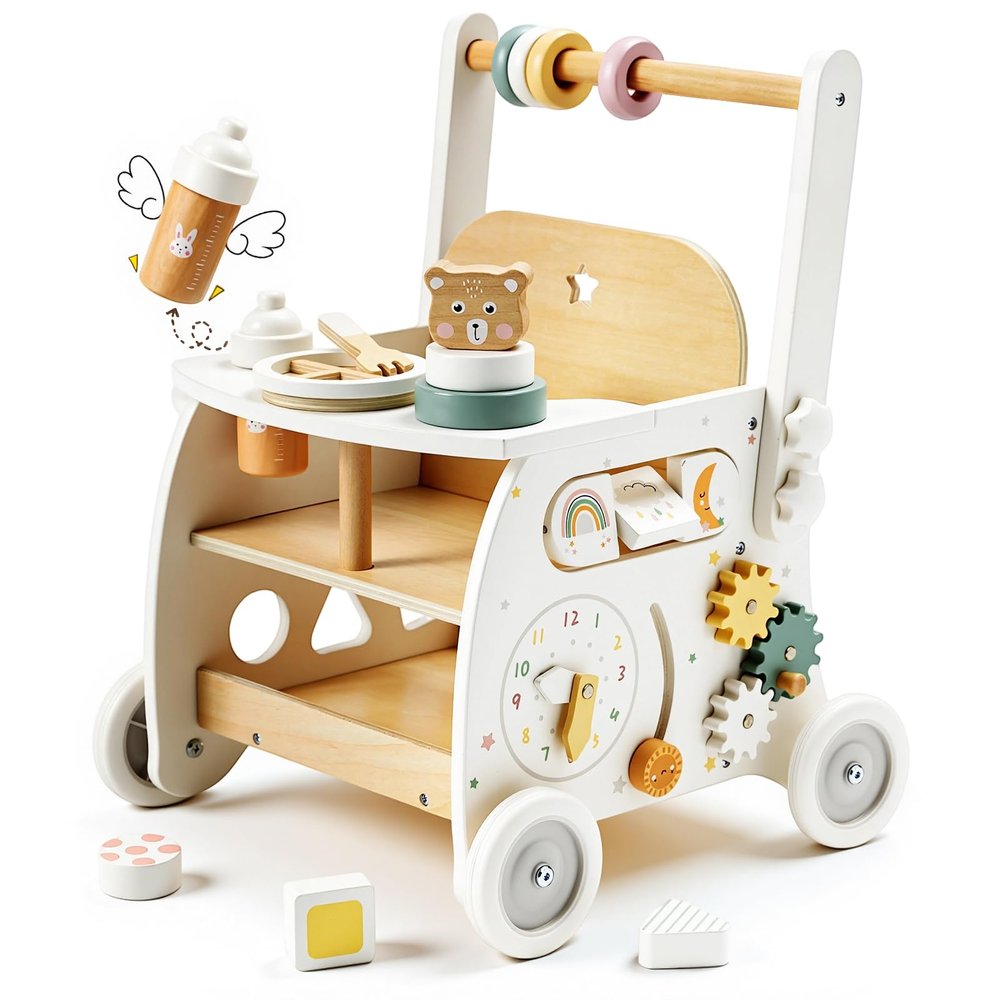 labebe Wooden Baby Walker, Baby Push Walker Doll Stroller, Push Activity Walker for Kids 18M+, Adjustable Speed Learning Walking with Wheels, Birthday Gift for Girls Boys Ages 1-3