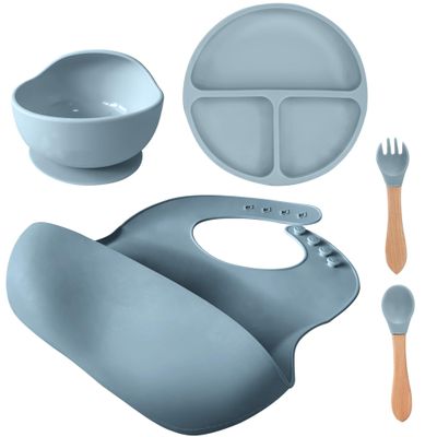 5-Piece Silicone Baby Feeding Set Suction Bowl, Divided Plate, Adjustable Bib, Spoon & Fork 100% Food-Grade Silicone, BPA Free, Non-Toxic, Dishwasher & Microwave Safe