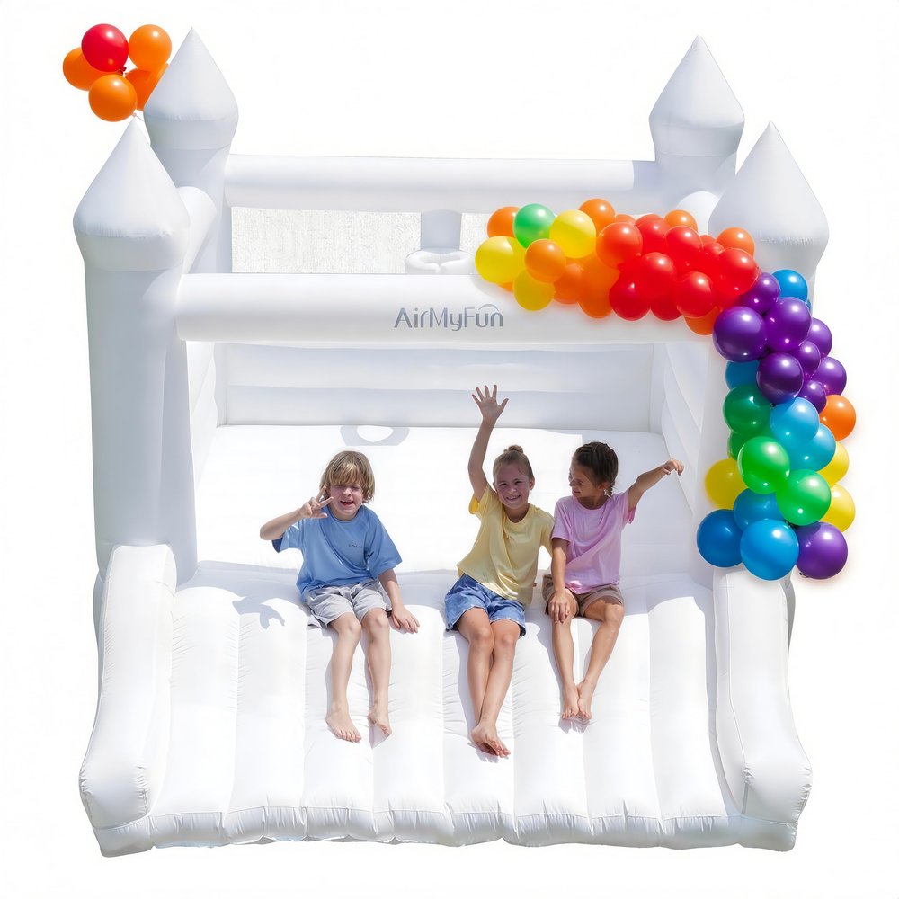 AirMyFun White Bounce House for Kids 3-10, Bounce House with Blower, Slide and Ball Hoop, Inflatable Bounce House Jumping Castle for Indoor Outdoor Fun, Inflatable Bouncer Made of Thick Material