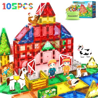 105 PCS Magnetic Tiles with Farm Animals, Magnetic Blocks Building Toys for 3+ Year Old Toddler, Construction STEM Magnet Toys Gift for Kids, Boys and Girls 3 4 5 6 7 8+ Year Old