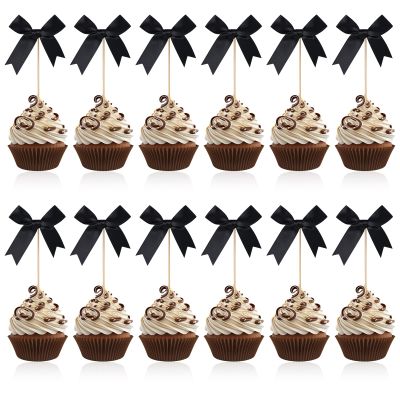 12pcs Black Bow Cupcake Toppers, Ribbon Bow Cake Topper Coquette Bowknot Cupcake Picks Themed Party Decorations for Baby Shower Wedding Bachelorette Anniversary Decor