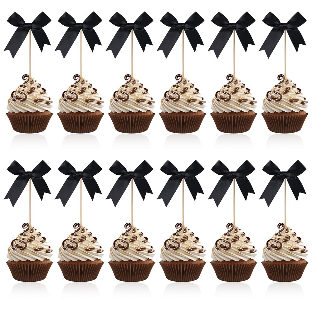 12pcs Black Bow Cupcake Toppers, Ribbon Bow Cake Topper Coquette Bowknot Cupcake Picks Themed Party Decorations for Baby Shower Wedding Bachelorette Anniversary Decor