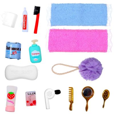 15 Pcs Dollhouse Bathroom Accessories, Mini Bath Accessories for Dollhouse Decoration, Mini Hair Dryer Brush Comb Mirror Towel Soap Toothpaste Toothbrush Makeup Set for House Bedroom Decoration
