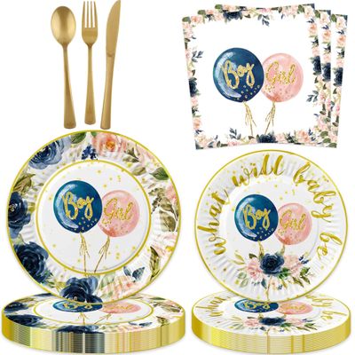 100 Pcs Baby Gender Reveal Decorations Boy or Girl Gender Reveal Party Tableware Includes Plates, Forks, Napkins for Baby Shower Reveal Party Supplies Decorations Favors