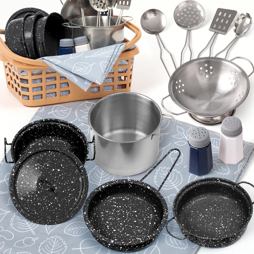Veitch fairytales Kids Play Kitchen Toy Accessories Set Toddler Cooking Playset Colorful Stainless Steel Pots and Pans Birthday Gifts for 3+ Girls Boys (New Black)
