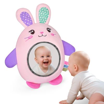 FIOBEE Tummy Time Toys Baby Mirror Tummy Time with Crinkle & Jingle Sounds Large Baby Sensory Toys for Infant Ages 0 3 6 Months and Up Newborn Training Essentials, Pink Rabbit