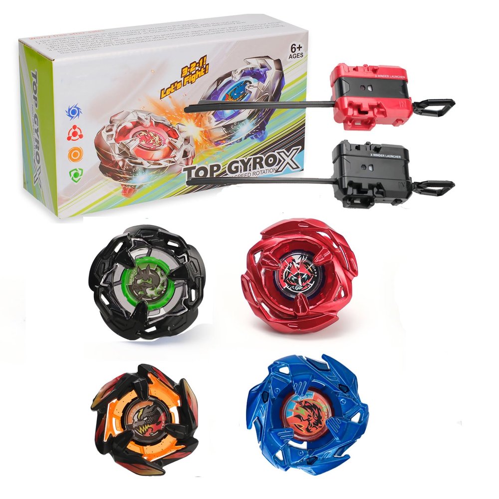 DEZAWRTY Gyro X Set, 4 Right-Spin X Tops and 2 Launchers, Newly Upgraded Top Appearance, Battle Game Perfect for Beginners