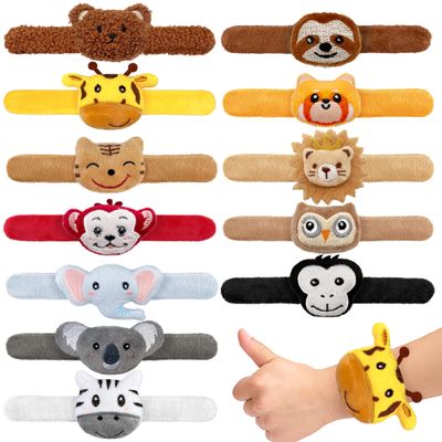 12 PCS Stuffed Jungle Animal Slap Bracelets Plush Animal Snap Bracelets Cute Wrist Slap Band Toy Wrist Animals Wrist Pets Slap Bracelet Wrist Toy for Boys Girls Birthday Gifts Party Favors 12 Styles