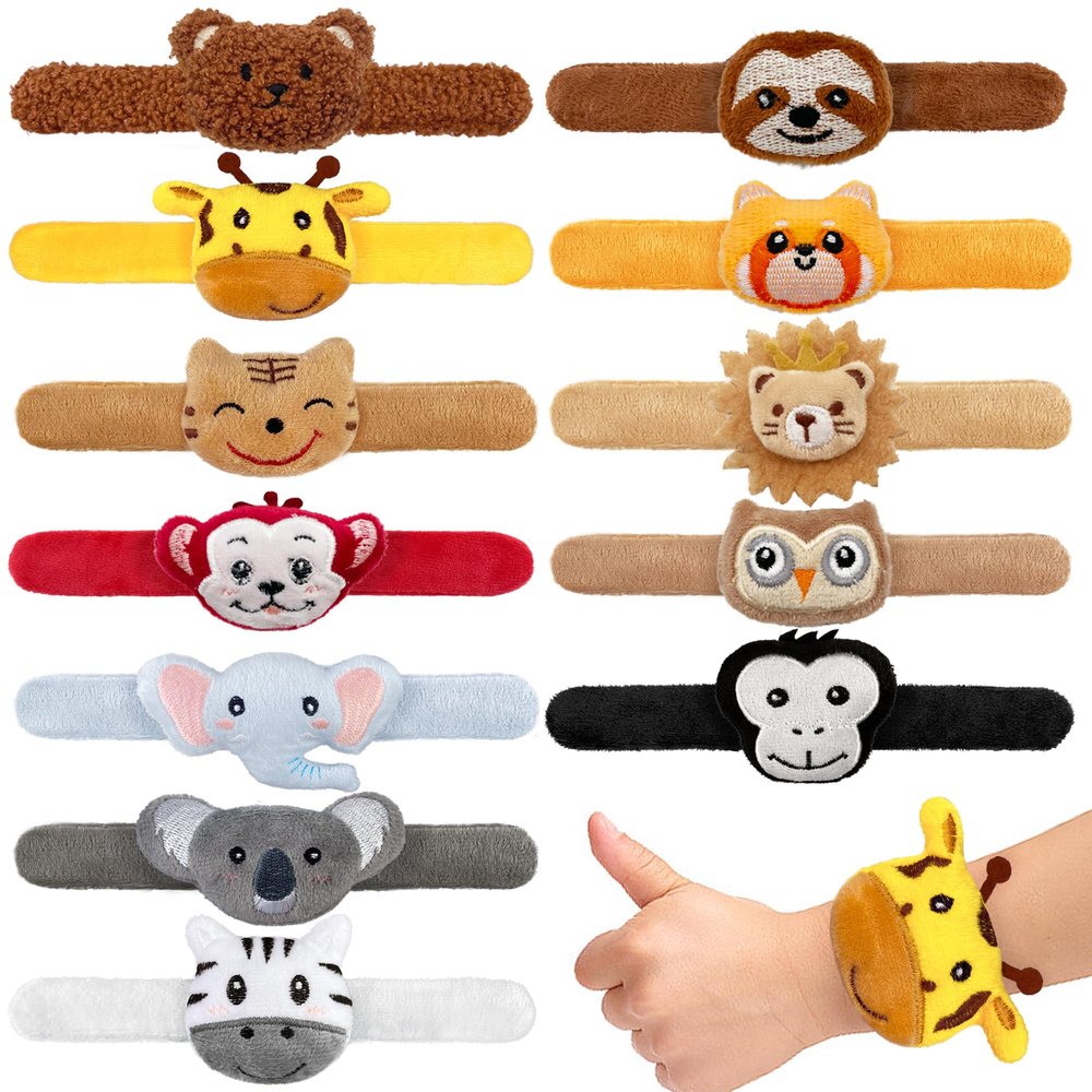 12 PCS Stuffed Jungle Animal Slap Bracelets Plush Animal Snap Bracelets Cute Wrist Slap Band Toy Wrist Animals Wrist Pets Slap Bracelet Wrist Toy for Boys Girls Birthday Gifts Party Favors 12 Styles