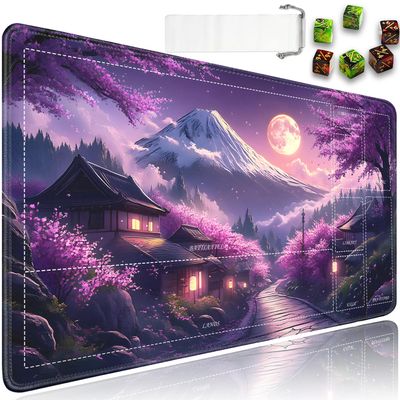 for TCG Playmat with Waterproof Storage Bag and 6 Dice, Non-Slip Rubber Base for MTG Playmat with Zones, 24 x 14 inches Trading Card Game Mat Board Game Desk Mat, Cherry Blossom Moonlit Village