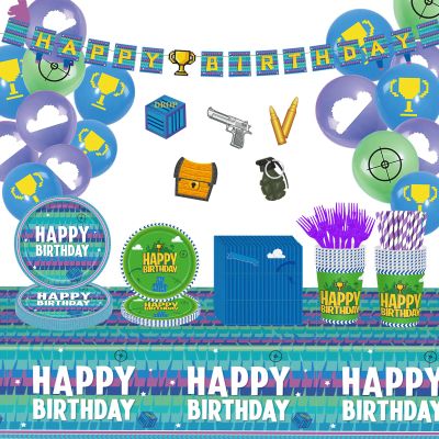 170pcs Video Game Party Supplies for Boys 1st 2nd Kids Video Games First Birthday Party Decorations Including Paper Plates Napkins Paper Cups Tablecloth Balloons Banners For 24 Guests